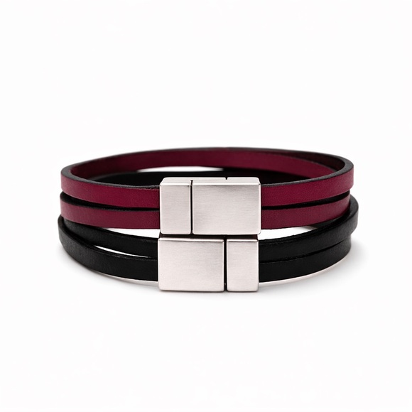 Jewelry - Burgundy and Black Leather Bracelet with Silver Clasp Set of 2